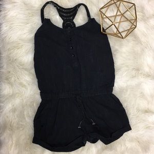 Free People Pinstripe Romper w/ Crochet Detail XS